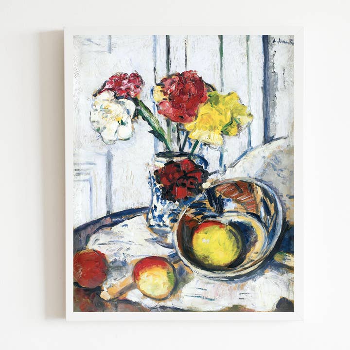 Flowers in a Blue Vase with Apples Antique Art Print for wholesale by Sea to Skye