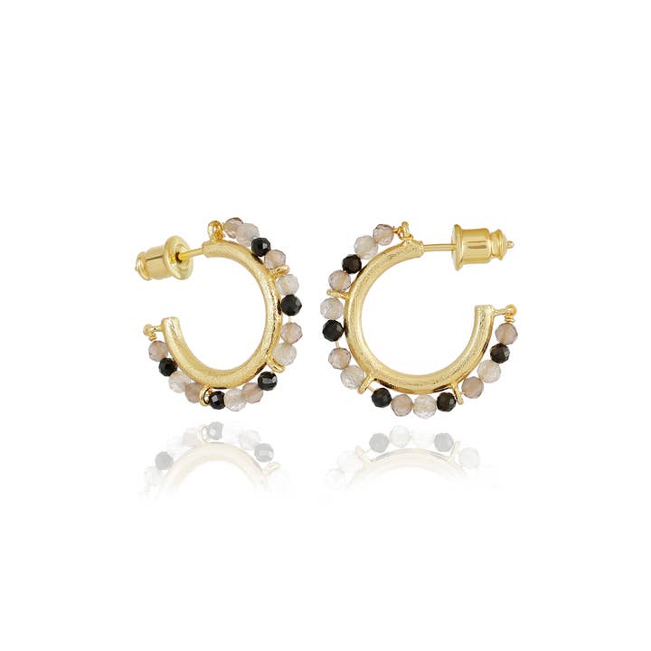 Ophelia Small Gemstone Hoops Smoky Quartz, Labradorite & Black Onyx for wholesale by AZUNI London