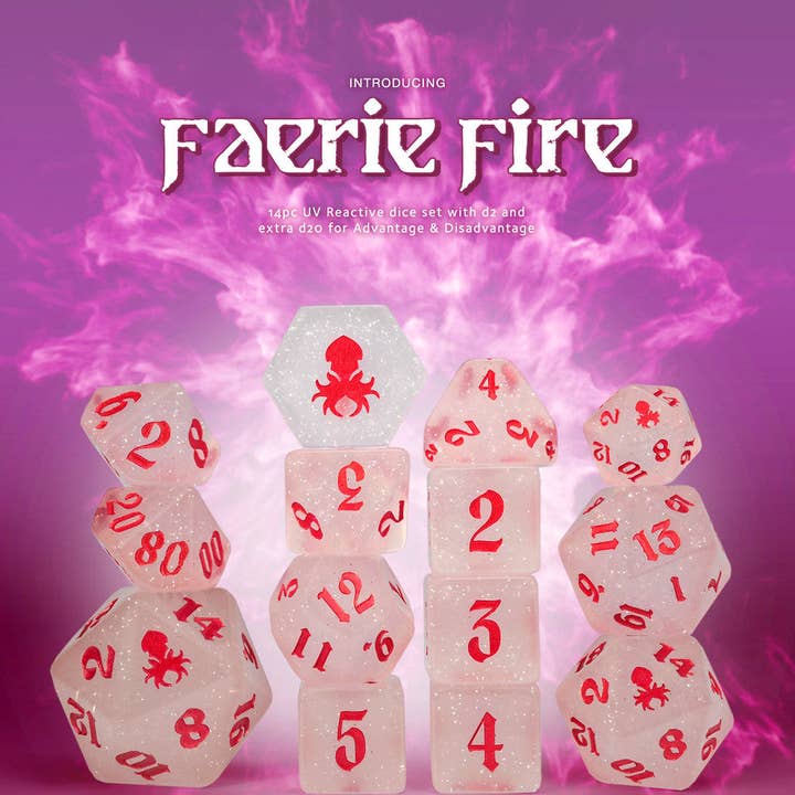 Set di 14 dadi reattivi ai raggi UV Faerie Fire con inchiostro rosso per la vendita all'ingrosso da parte di Kraken Dice