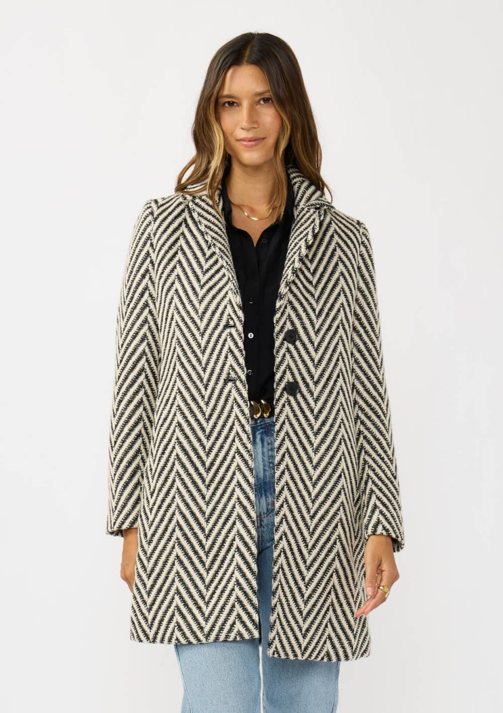 Cream Black Chevron Notched Lapel Long Sleeve Coat for wholesale on Faire