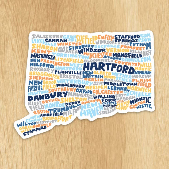 Autocollant de carte des villes du Connecticut avec lettrage pour la vente par Wander On Words