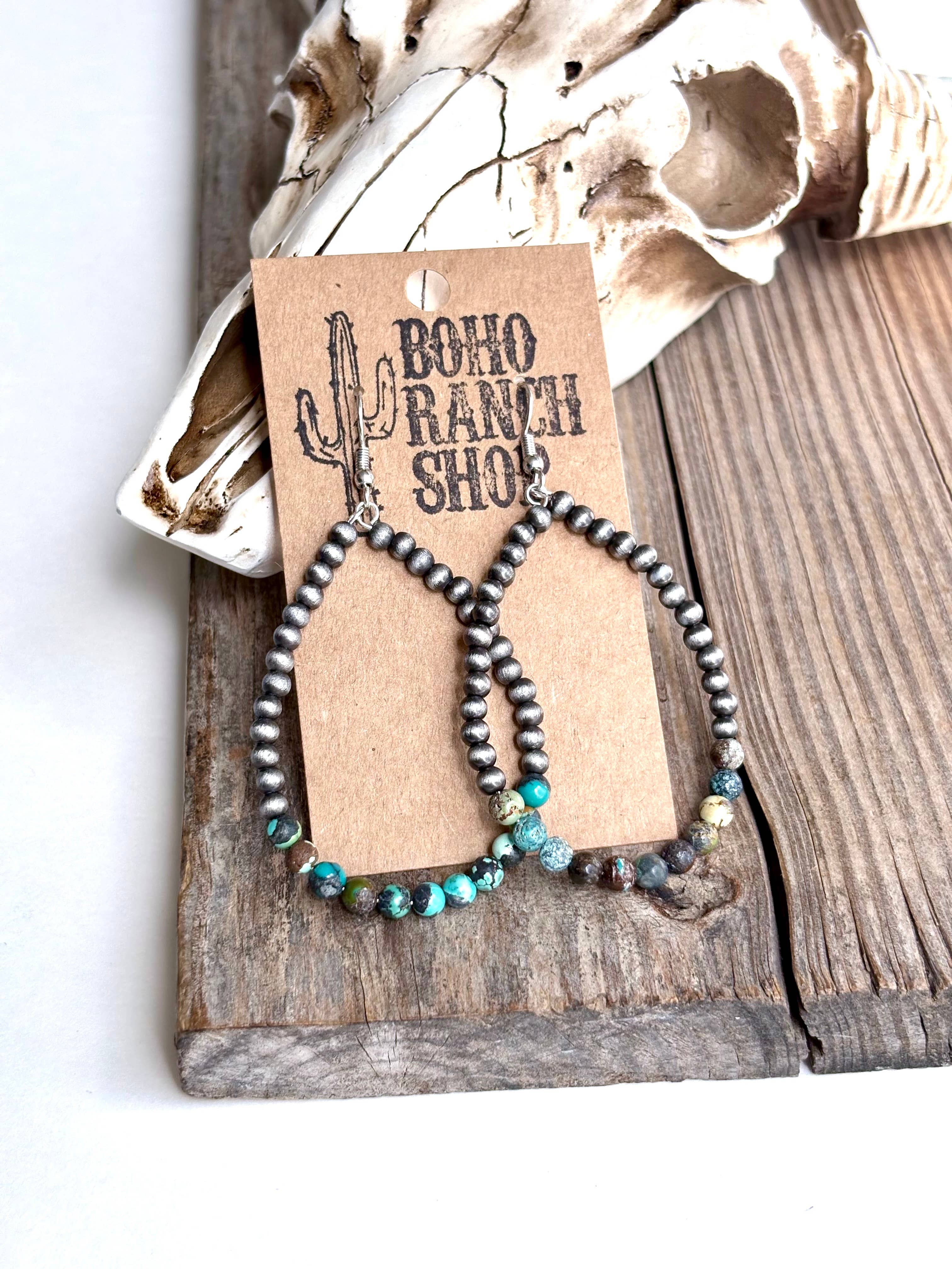 Boho Ranch Shop – wholesale Dangle earrings – Western Navajo Style Pearl Teardrop Hoop Dangle Earrings0