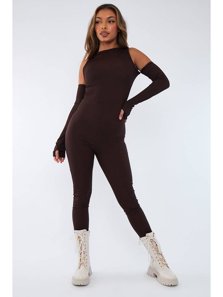 Chocolade Chocolade jumpsuit met ribbelsteek en uitgesneden schoudergat met duimgat voor groothandel op Faire1