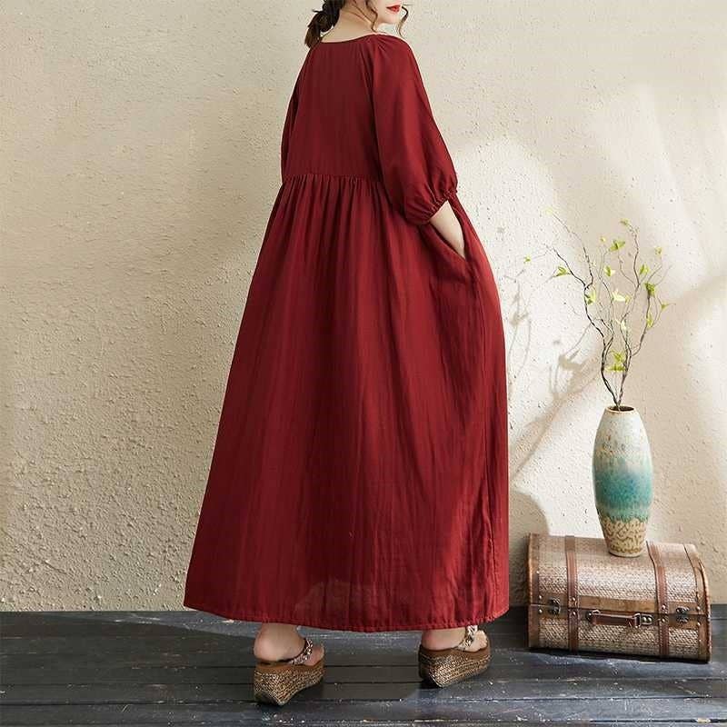 kycozy - Wholesale Dress - Women's - Double Gauze Round Neck Lantern Sleeve Loose Dress4