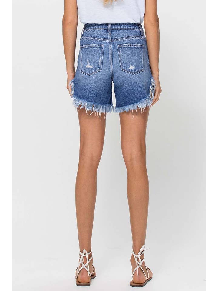 HARMONIOUS HIGH RISE SIDE SLIT FRAYED HEM SHORTS V2769 for wholesale on Faire