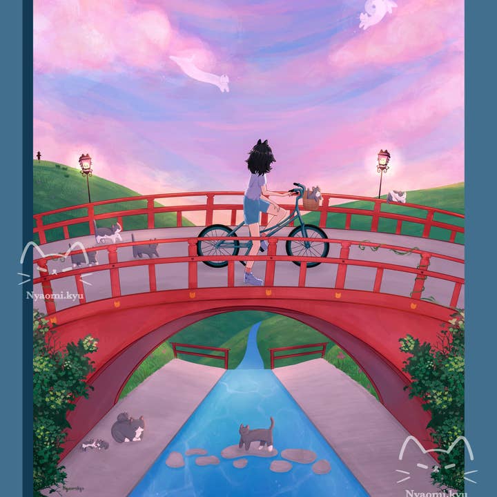 Impression de chats au coucher du soleil à vélo pour la vente par Nyaomikyu