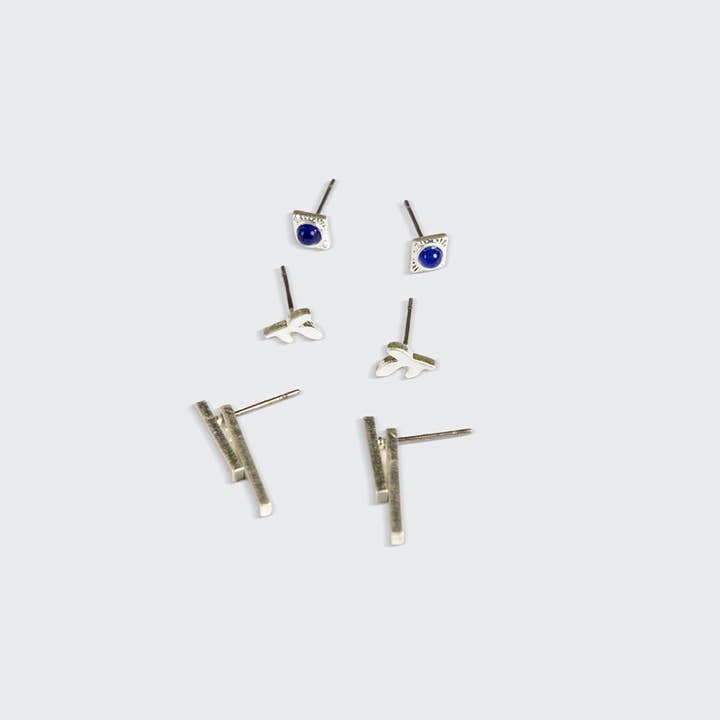 Scout Curated Wears - Wholesale Jewelry Set - Stud Trio Ear Jacket Set - Leaf/Lapis/Silver2