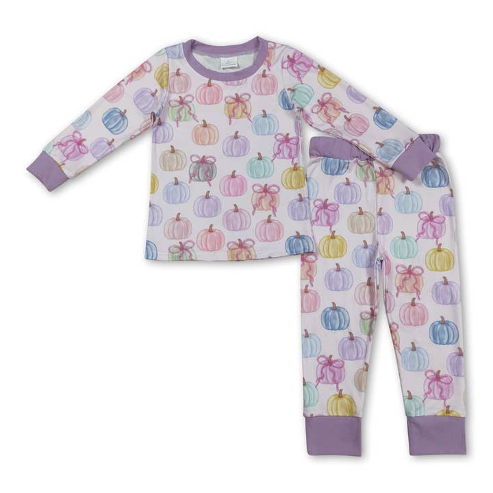 Pyjama d'automne pour filles avec nœud et citrouille colorée à manches longues pour la vente par Yawoo Garments