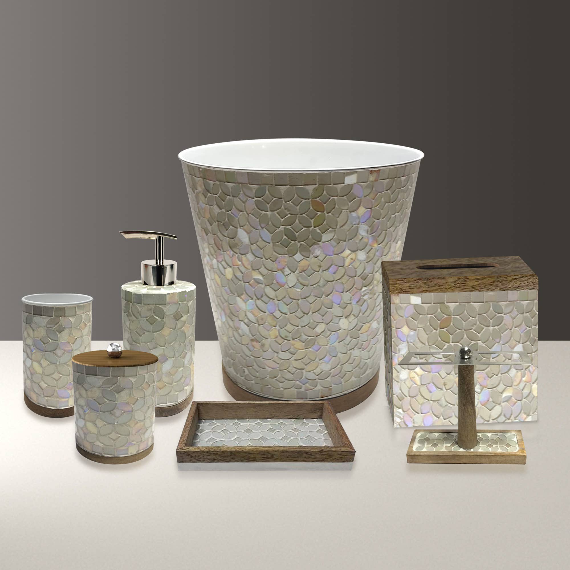 nu steel - Vendita all'ingrosso Vassoi decorativi - Vassoio di cortesia Trillium in mosaico perlato e legno0