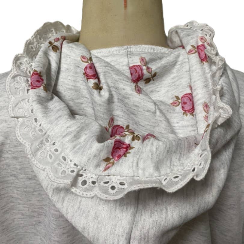 Grey Lace Trimmed Bow Embroidery Floral Hoodie for wholesale on Faire4