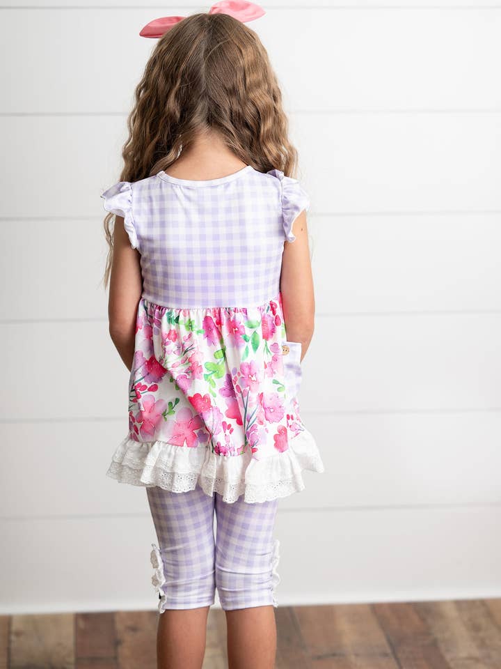 Oopsie Daisy - Wholesale Top & Leggings Set - Kids - Kids Lavender Gingham & Floral Capri Ruffle Summer Set
