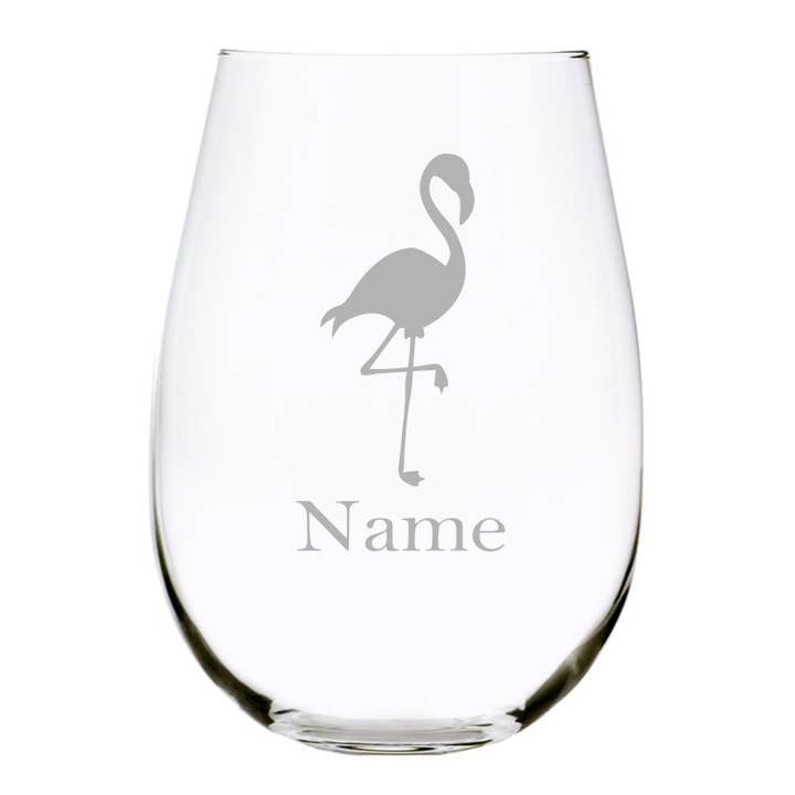 Flamingo avec nom 17oz. Verre à vin sans pied en cristal sans plomb pour la vente par C&M Personal Gifts