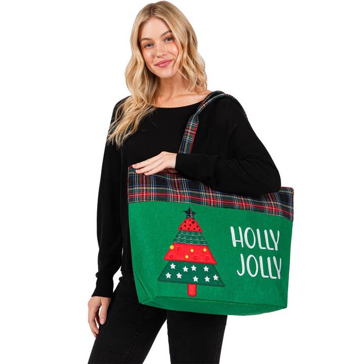 Holly Jolly Letter Christmas Tree Tote Bag for wholesale by Madeline Love