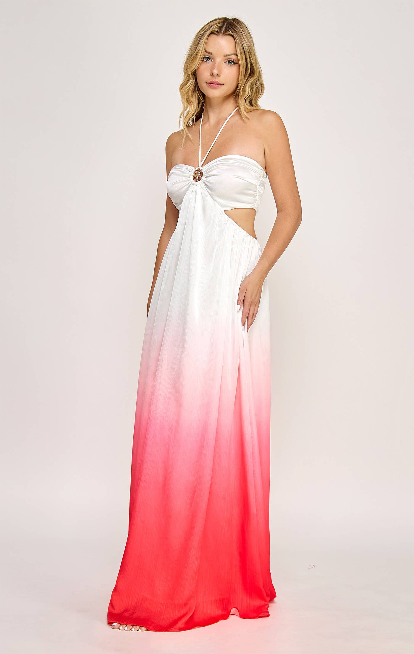 AARDBEI OMBRE ZEESTER TRIM HALTERNEK MAXIJURK - HMD0025B-BERRY voor groothandel op Faire4