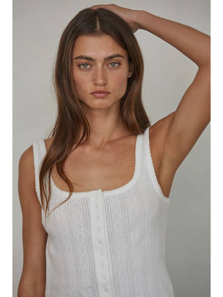 By Together - Wholesale Tank Top - Women's - L8312 | Knit Cotton Pointelle Ribbed Lace Trim Detail Tank