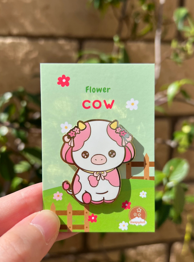 Sheepydust - Wholesale Lapel Pin/Button - Pink Flower Cow Enamel Pin3