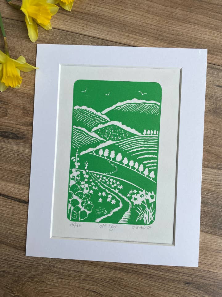 ‘Off i go’ spring hills hand printed Linocut art print for wholesale by Jackdaw and Bear