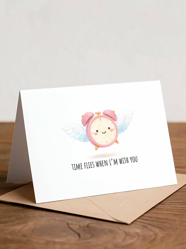 Carte de Saint-Valentin anniversaire faite main "Le temps file" pour la vente par Chewy Lemon Studio