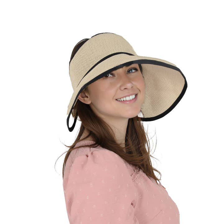 AK Brand - Wholesale Visor – Women's - Women Roll-Up Straw Sun Visor with Bow Detail Adjustable Hat8