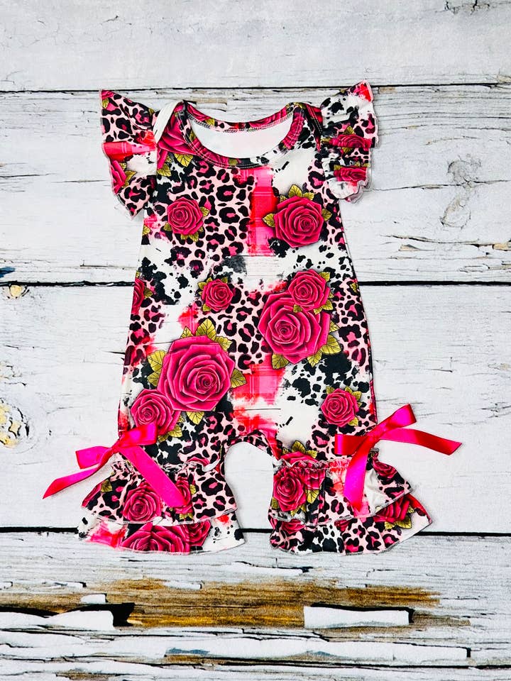 luluclothes - Wholesale Jumpsuit - Baby - Hot pink roses & cheetah baby ruffle romper DLH1124-10