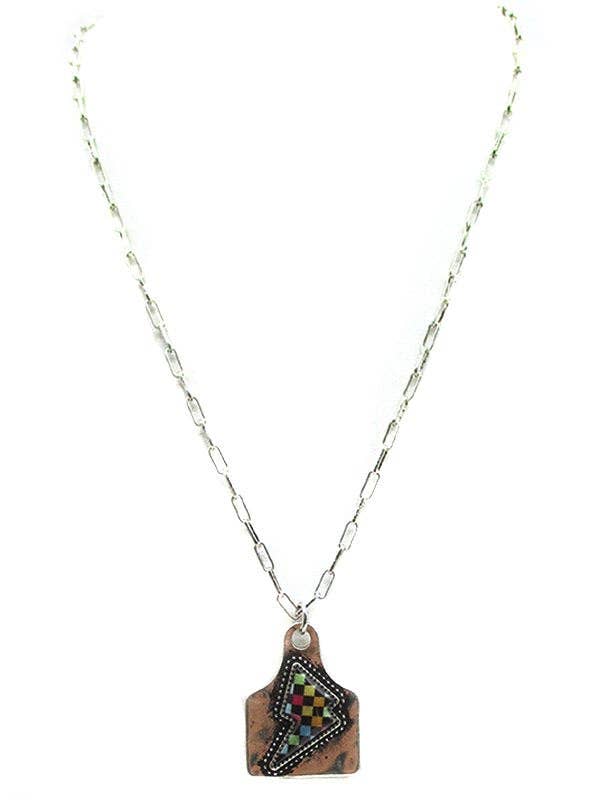Rainbow Checkered Thunder Bolt Cattle Tag Necklace for wholesale by Snowing West