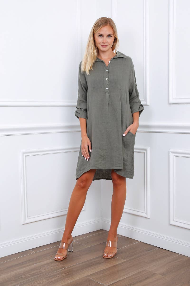 Happy look – Großhandel Kleid – Damen – Kurzes Hemdkleid aus Leinen mit langen Ärmeln13