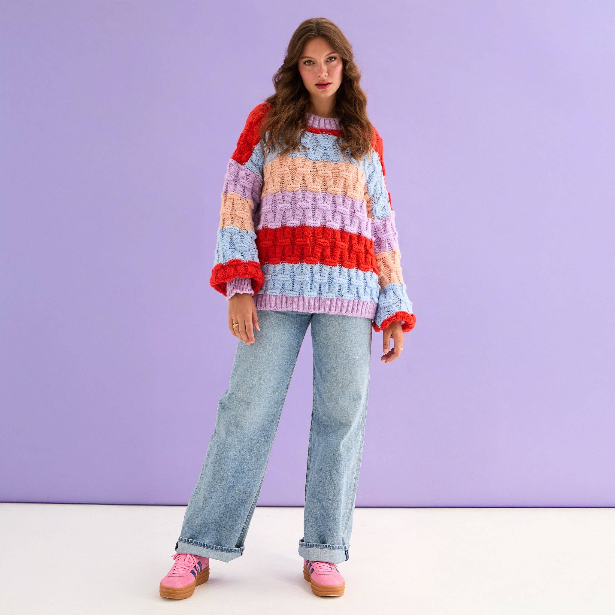 Cara & The Sky – wholesale Knitted jumper – Women′s – Mandy Criss-Cross Stitch Balloon Sleeve Stripe Jumper - Orange4
