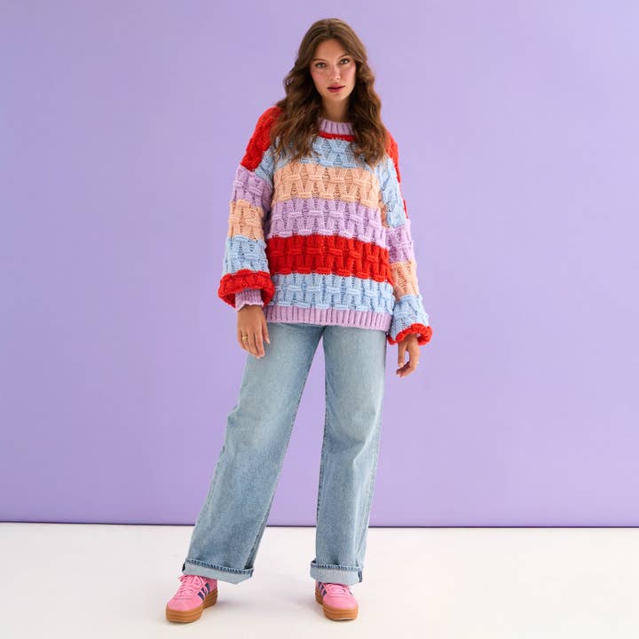 Cara & The Sky – wholesale Knitted jumper – Women′s – Mandy Criss-Cross Stitch Balloon Sleeve Stripe Jumper - Orange4