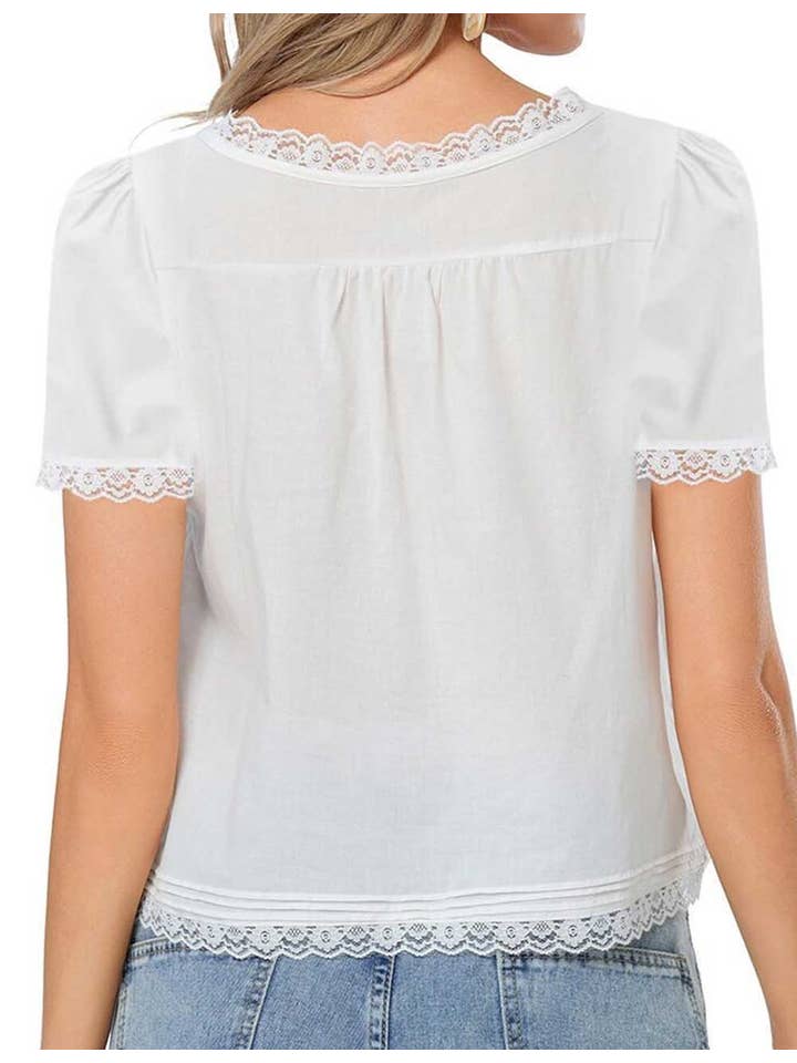 Sweetkama - Wholesale Blouse – Women’s - Ladies Solid Color Square Neck Lace Front Tie Top1