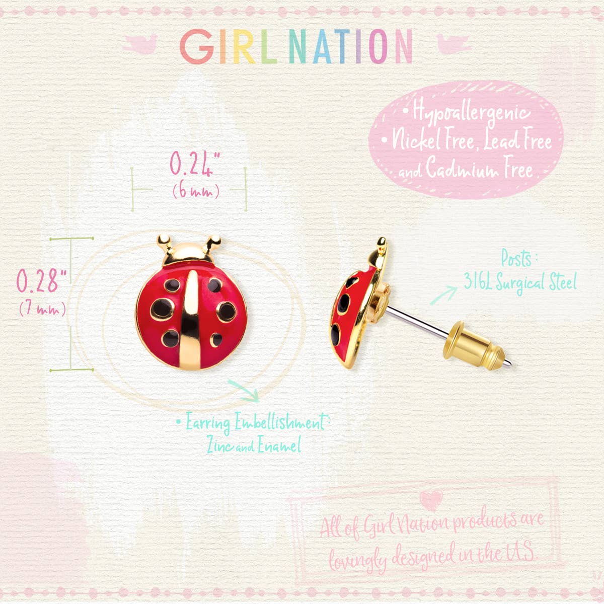 Girl Nation - Wholesale Earrings - Kids - Little Ladybug | Cutie Stud Earrings for Girls3