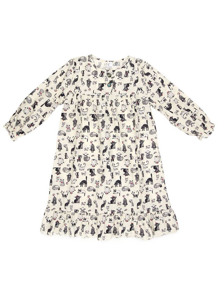 Cream / Aqua Crazy Cat Long Sleeved Nightie for wholesale by Fox In A Box