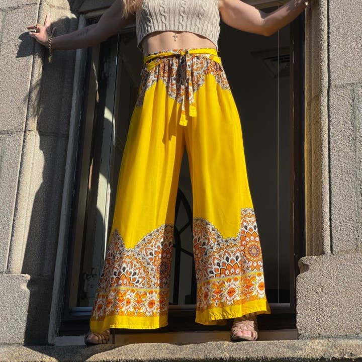 Blossom Goddess Yellow Chakra Palazzo Pants for wholesale by Camaroha Sutra LLC