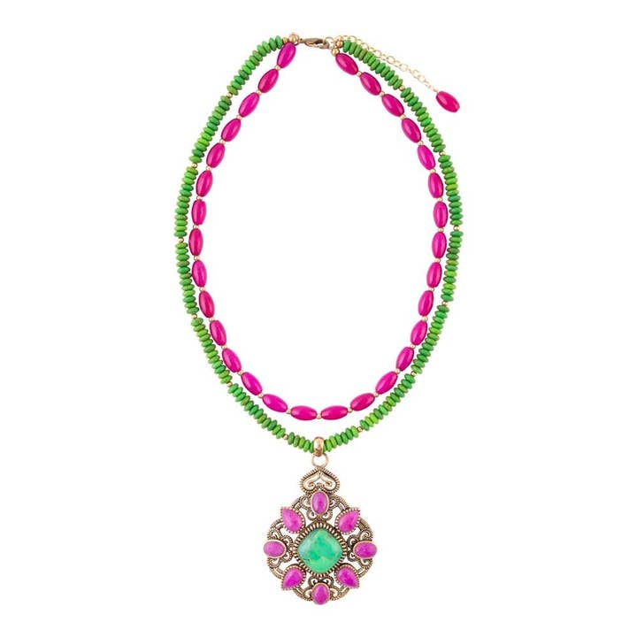 Barse Jewelry - Wholesale Pendant/charm necklace - Madeira Lime Green and Pink Agate Statement Pendant Necklace5