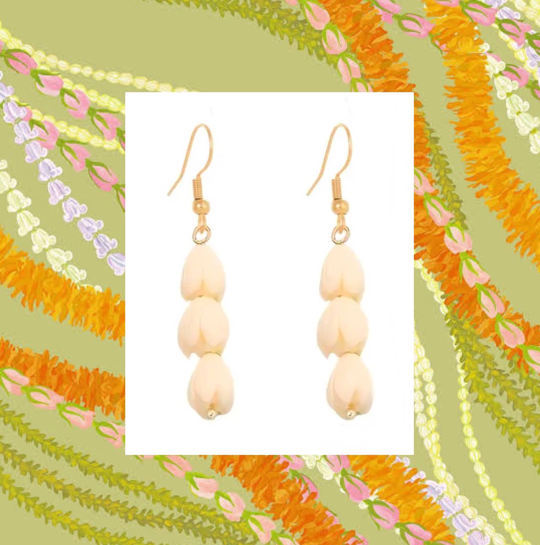 The Coconut Collective - Vente Boucles d'oreilles pendantes - Boucles d'oreilles triples Pikake ivoire et or1