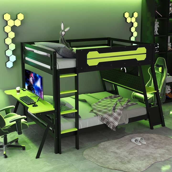 Full Size Bunk Bed With Gaming Desks, USB Ports & Organizer for wholesale by VTNG50