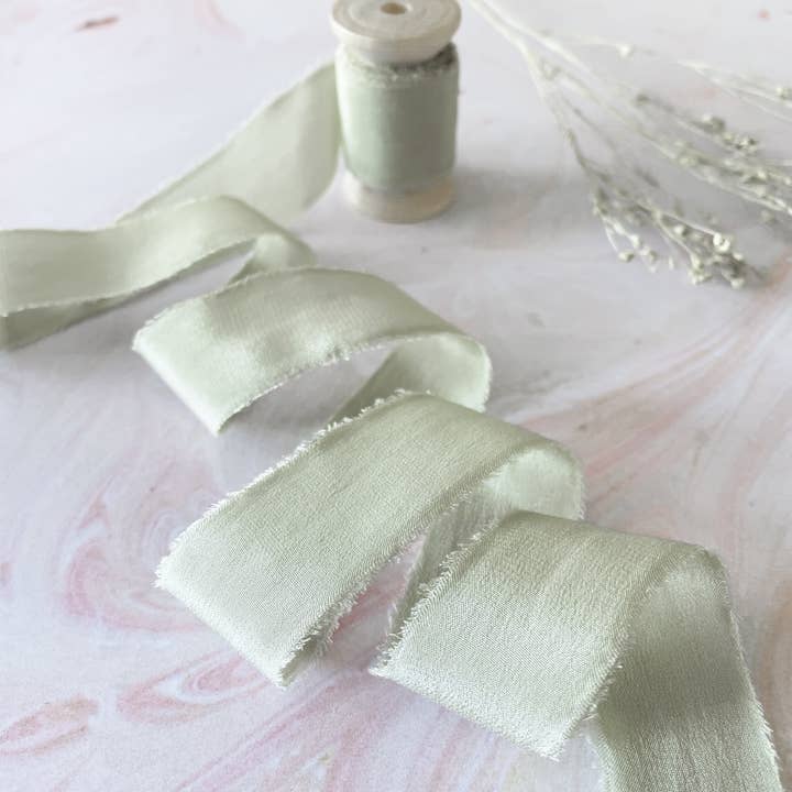 The Natural Paper Company - Wholesale Ribbon - Gift Wrapping - Dusky Sage Green Silk Ribbon | Raw Edge Silk on Wooden Reel