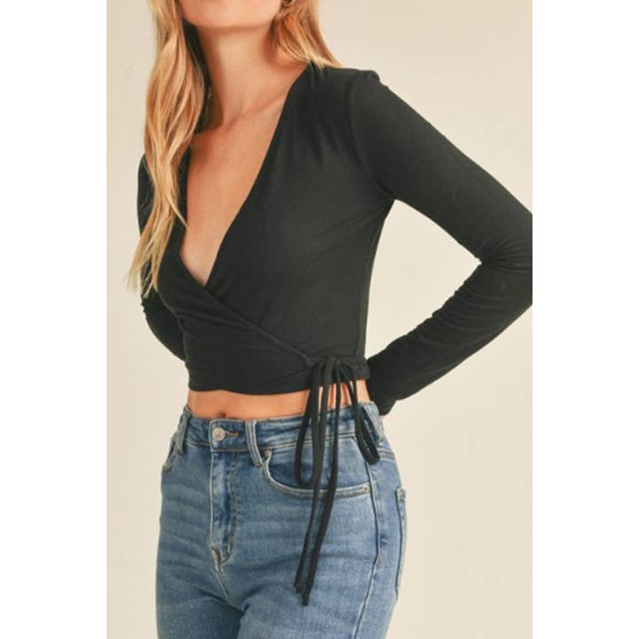 UP CLOTHING - Wholesale Knit Top - Women's - Deep V Neck Long Sleeve Surplice Wrap Crop Top1