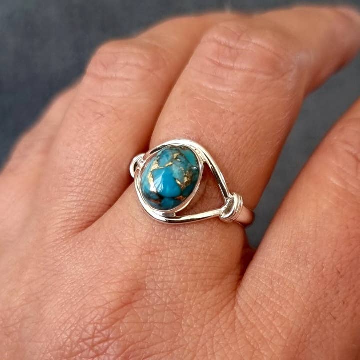 Mistry Gems - Wholesale Cocktail/Statement Ring - Small Oval Blue Copper Turquoise 925 Silver Ring, R13BCT