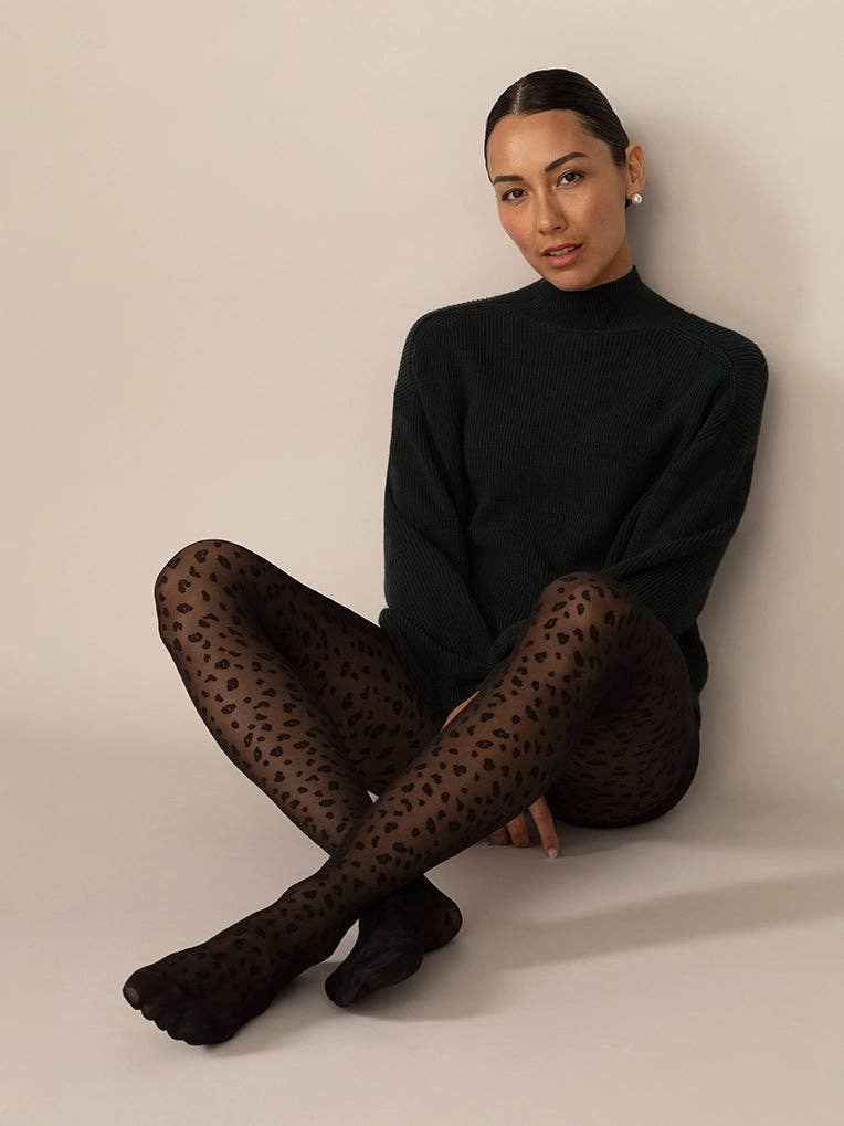 Rachel - Wholesale Tights - Women's - Mini Leopard Smoothing Waistband Tights in Black0