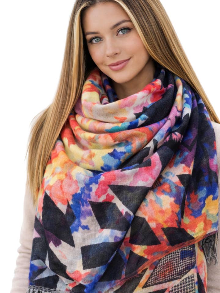 Vibrant Fusion Floral Abstract Hand-Painted Merino Wool Designer Scarf for wholesale by Namaskar Australia