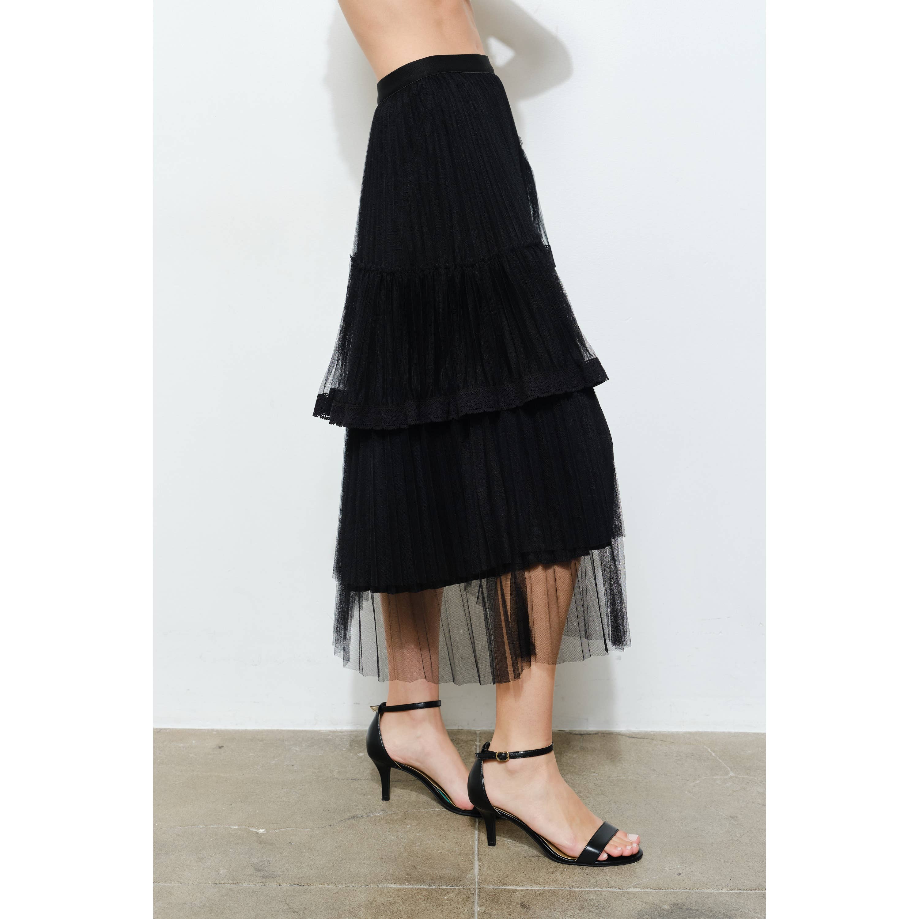 INA - Vente Jupe – femme - Jupe midi superposée élégante avec bordure en dentelle transparente2