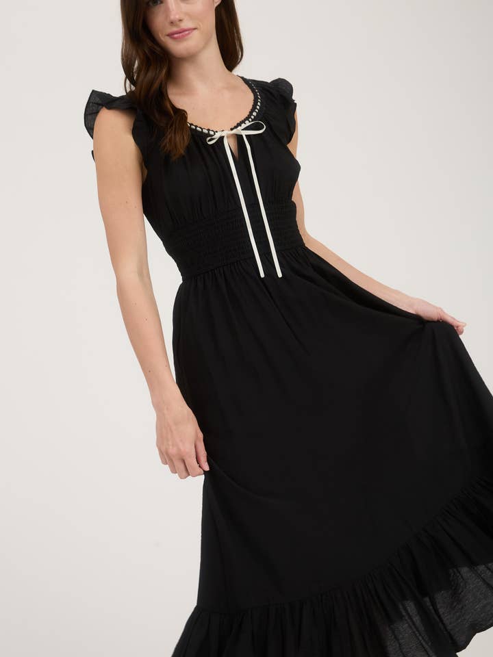 Blu Pepper - Wholesale Dress - Women's - CONTRAST RIBBON TIE DETAIL RUFFLE MIDI DRESS