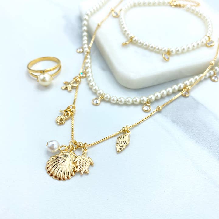 18k guldfyllda pärlor dinglande CZ Charms & Ocean Beach Dangle Charms dubbelt halsband eller länkade pärlarmband för wholesale av Luxus Accessories