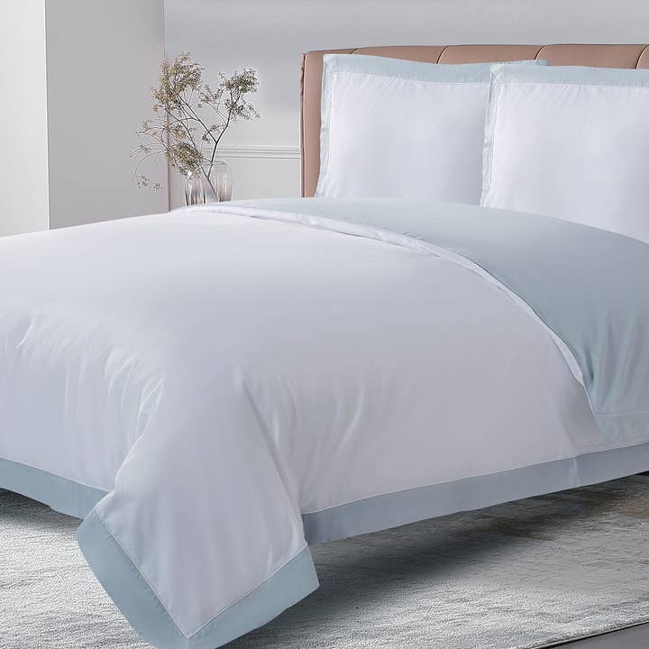 THE COTTON & SILK - Wholesale Bedding Pillowcase/Sham - Long-staple Cotton Euro Sham Set of 2, White + Misty Blue