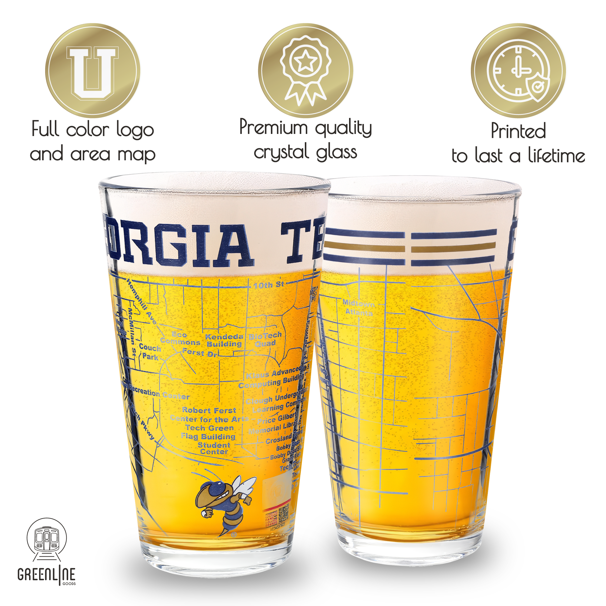 Greenline Goods - Vente Verre/chope à bière - Verres à bière de l'université Georgia Tech Yellow Jackets (ensemble de 2), 16 oz – Logo en couleur + Carte du campus2