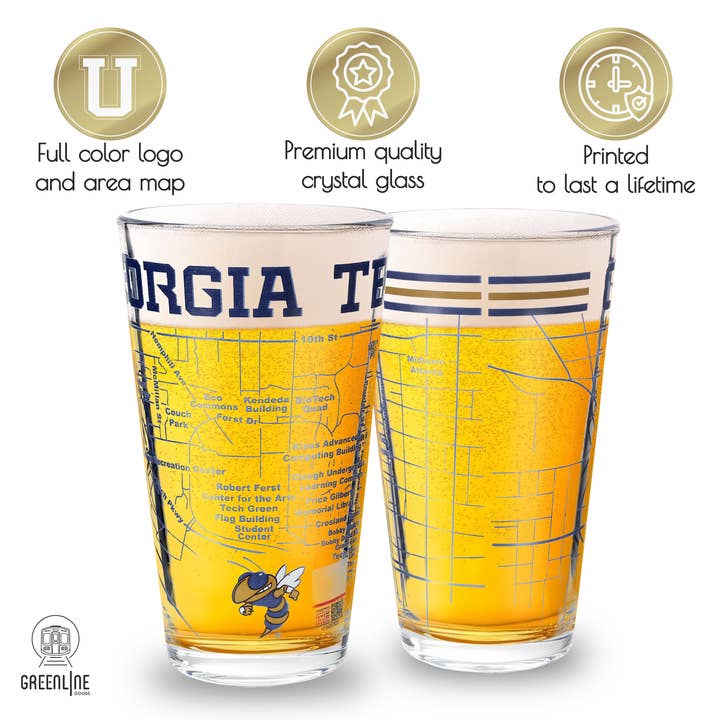 Greenline Goods - Wholesale Beer Glass/Mug - Georgia Tech Pint Glasses - Georgia Tech Buzz Logo & Campus Map Georgia Institute of Technology College Grads and Alumni (Set of 2)2