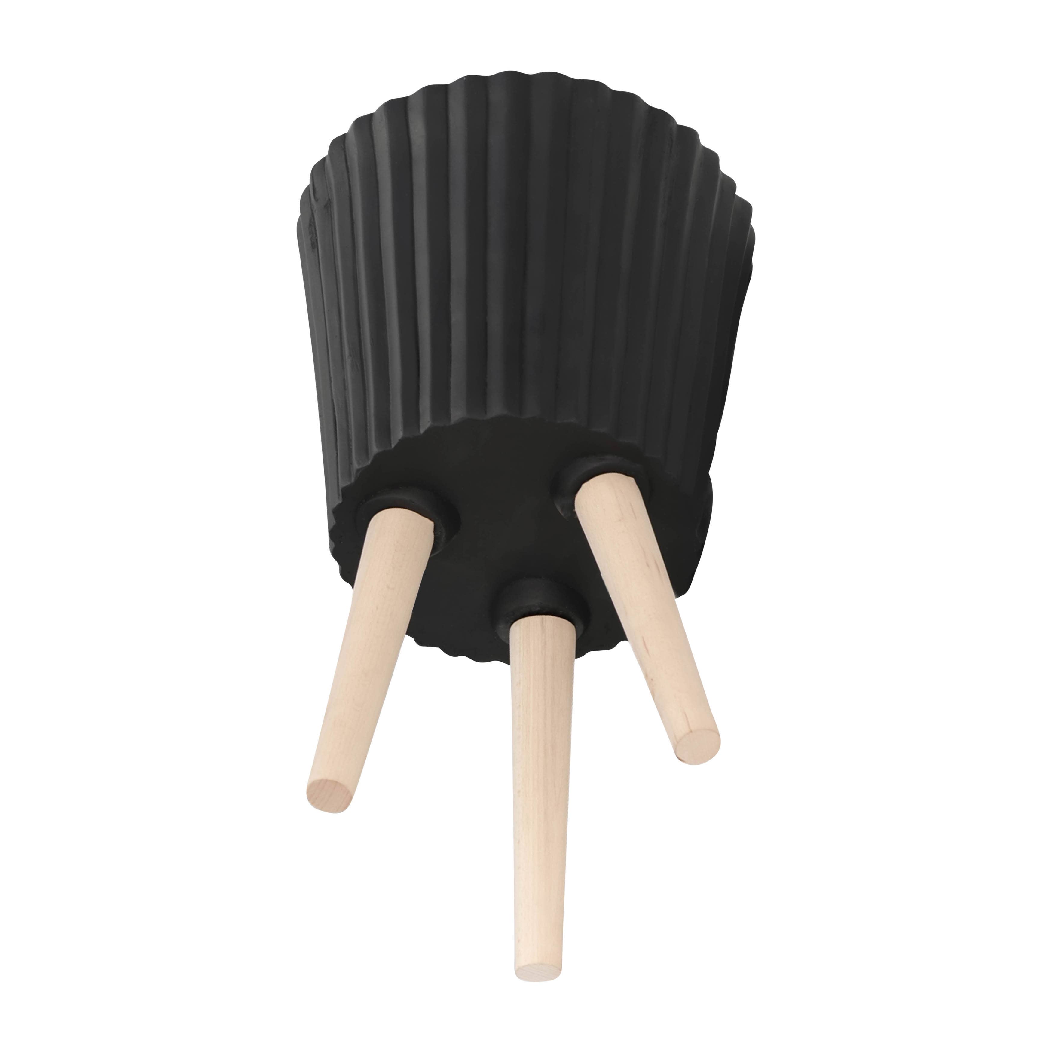 Sagebrook Home - Wholesale Plant Pot - Planters Set of 2 - Black Resin/Wood Legs Ridged, 10/12 in.8