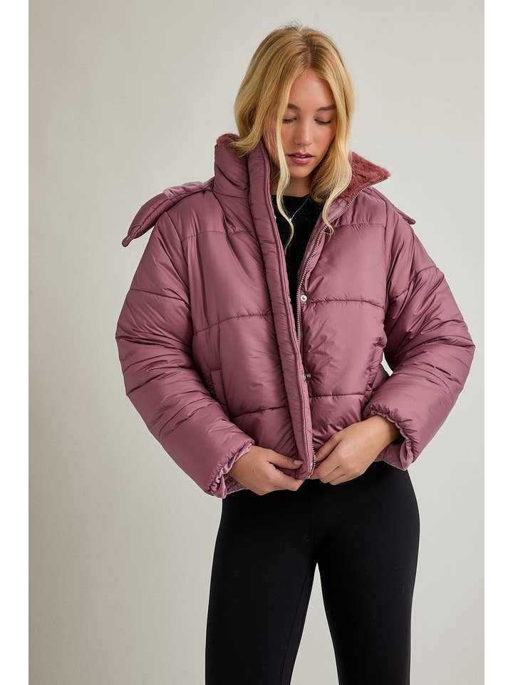 MAUVE PUFFER JACKET WITH ATTACHABLE HOODIE for wholesale on Faire3