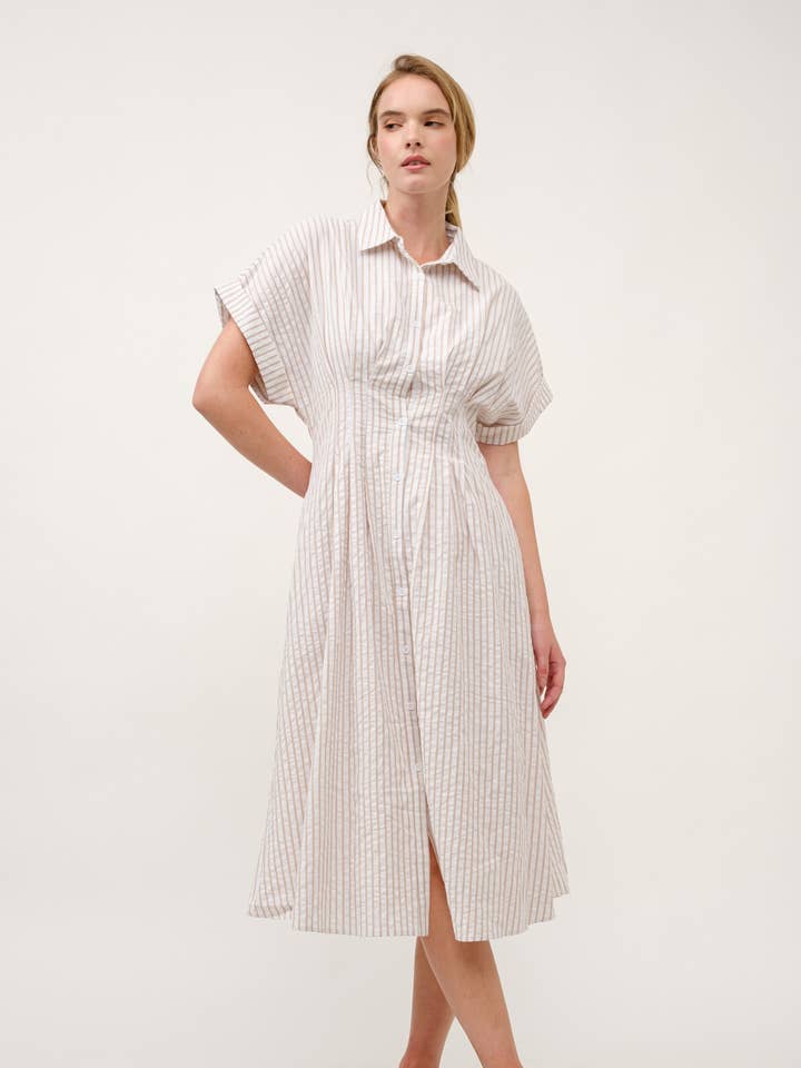 AIBLEE - Vendita all'ingrosso Vestito - Donna - Abito Midi a Righe con Colletto e Bottoni - TAPUE6