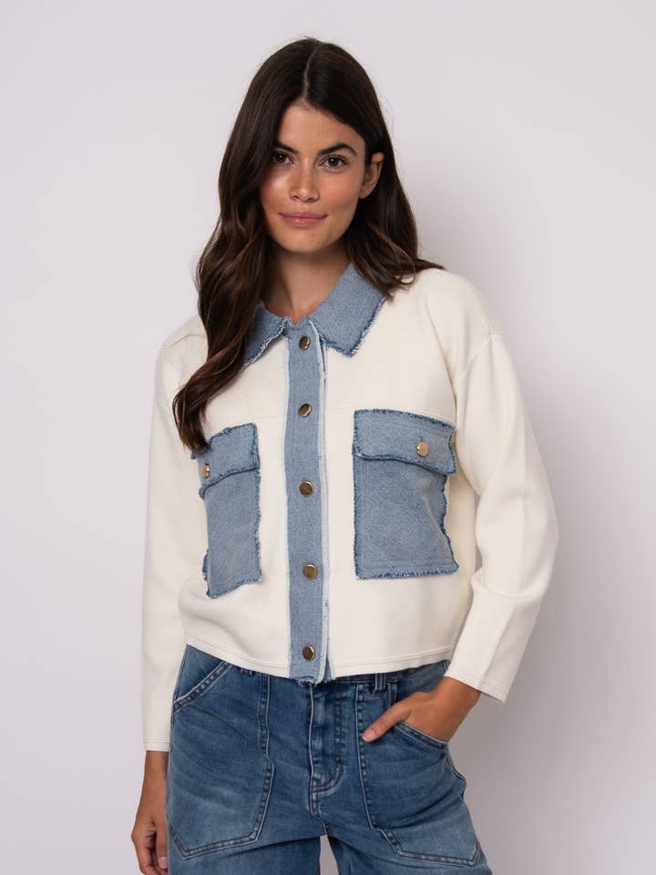 AVRIL LONG SLEEVE DENIM COMBO CARDIGAN- 77S756S for wholesale by RD Style